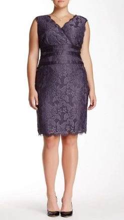 Cocktail Dresses Adrianna Papell - 41905221 V-Neck Lace Ribbon Cocktail Dress - 1 Pc Doe In Size 22W Available