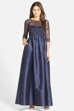 Adrianna Papell - 91912620 Quarter Sleeve Illusion Taffeta Gown - 1 Pc Navy In Size 10 Available