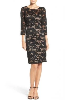 Adrianna Papell - AP1D100050 Quarter Sleeve Floral Lace Illusion Dress - 1 Pc Black/Pale Pink In Size 8 Available