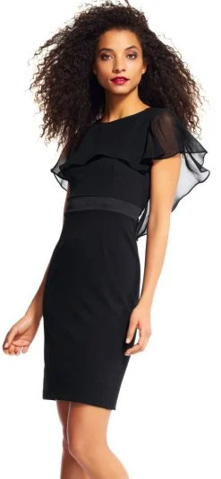 Adrianna Papell - AP1D100542 Sheer Ruffle Cape Little Black Dress Cocktail Dresses
