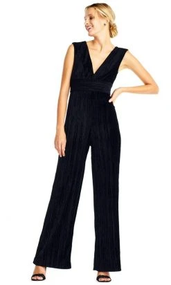 Adrianna Papell - AP1D101576 Sleeveless V-Neck Pleated Velvet Jumpsuit Plus Size Dresses