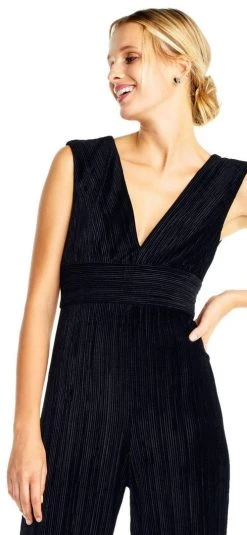 Adrianna Papell - AP1D101576 Sleeveless V-Neck Pleated Velvet Jumpsuit Plus Size Dresses