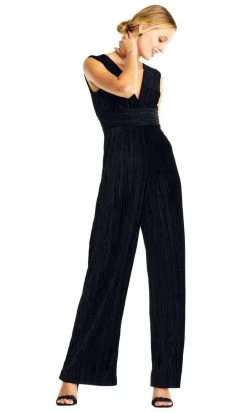 Adrianna Papell - AP1D101576 Sleeveless V-Neck Pleated Velvet Jumpsuit Plus Size Dresses