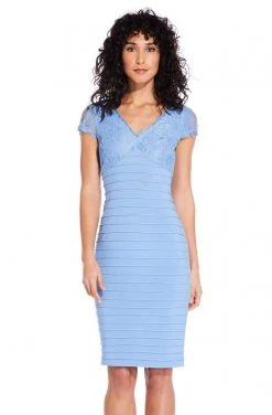 Adrianna Papell - AP1D103085 Lace Applique V-neck Piping Sheath Dress Plus Size Dresses