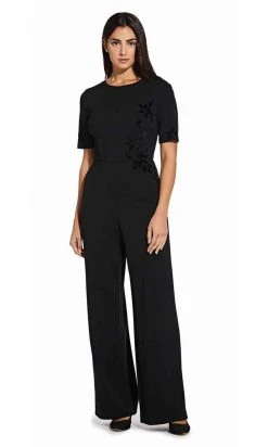 Adrianna Papell - AP1D103623 Short Sleeves Velvet Appliqued Jumpsuit Plus Size Dresses