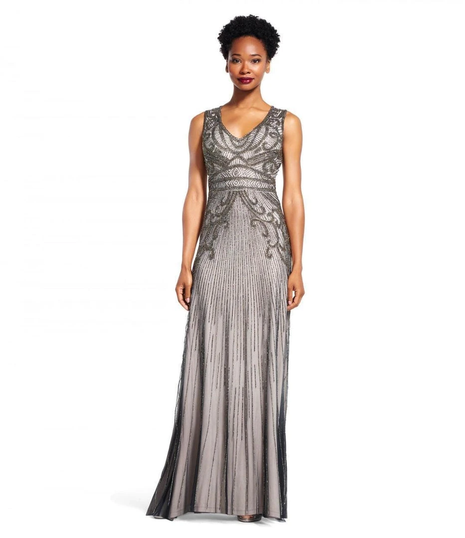 Adrianna Papell AP1E200237 Sleeveless V-Neckline Embellished Long Dress - 1 Pc Platinum In Size 4 Available Formal Gowns 3 Adrianna Papell AP1E200237 Sleeveless V-Neckline Embellished Long Dress - 1 Pc Platinum In Size 4 Available Formal Gowns