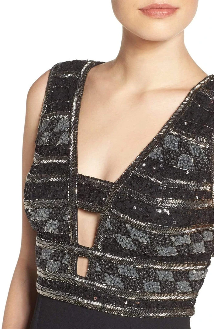 Formal Gowns Adrianna Papell - AP1E201342 Ornate Plunging Sheath Dress In Black - 1 Pc Black In Size 16 Available 5 Formal Gowns Adrianna Papell - AP1E201342 Ornate Plunging Sheath Dress In Black - 1 Pc Black In Size 16 Available