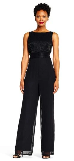 Plus Size Dresses Adrianna Papell - AP1E202207 Beaded Sleeveless Bateau Jumpsuit