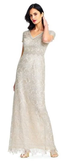 Adrianna Papell - AP1E202688 Lace V-neck Short Sleeves Evening Dress