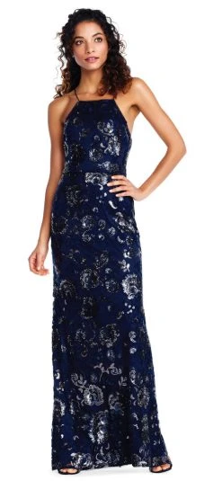 Formal Gowns Adrianna Papell - AP1E202991 Floral Sequined Halter Sheath Dress