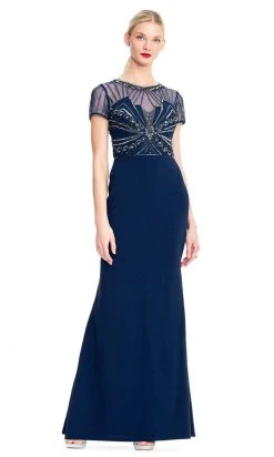Formal Gowns Adrianna Papell - AP1E203646 Beaded Sheer Short Sleeve Trumpet Dress