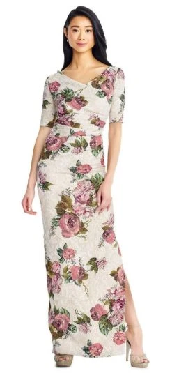 Adrianna Papell - AP1E204019 Floral Jacquard Dress With Slit