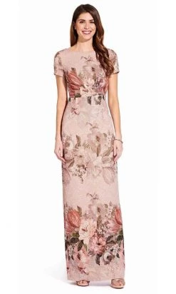 Adrianna Papell - AP1E204795 Floral Short Sleeve Bateau Column Gown Formal Gowns