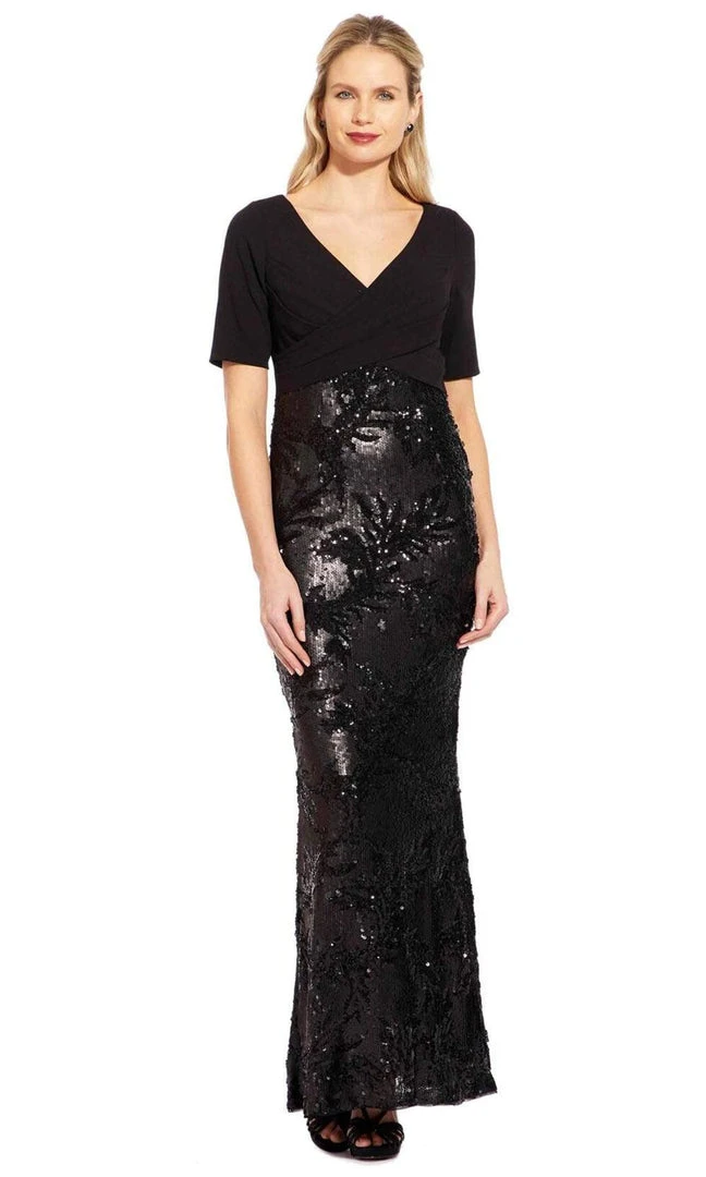 Adrianna Papell - AP1E205644 Crisscross V-Neck Sequined Crepe Dress Formal Gowns 3 Adrianna Papell - AP1E205644 Crisscross V-Neck Sequined Crepe Dress Formal Gowns