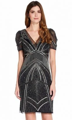 Adrianna Papell - AP1E205816 Short Sleeve Bead-Fringed Sheath Dress