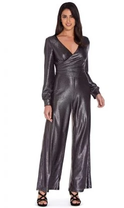 Plus Size Dresses Adrianna Papell - AP1E206841 V-Neck Metallic Jersey Jumpsuit