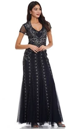 Formal Gowns Adrianna Papell - AP1E207147 Short Sleeve V Neck Beaded Mesh Gown