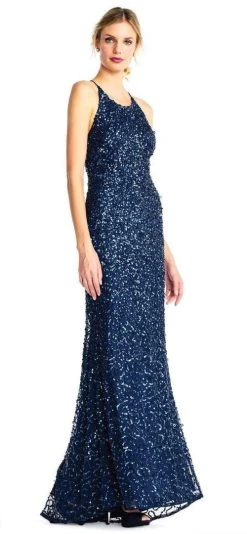 Adrianna Papell - Cross-Stringed Back Sequined Halter Gown AP1E202438 - 1 Pc Deep Blue In Size 16 Available 7 Adrianna Papell - Cross-Stringed Back Sequined Halter Gown AP1E202438 - 1 Pc Deep Blue In Size 16 Available