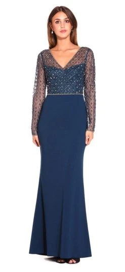 Adrianna Papell - Embellished V-Neck Evening Dress AP1E203730 - 1 Pc Deep Blue In Size 4 Available Formal Gowns