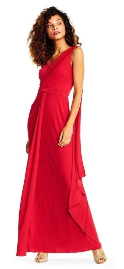 Adrianna Papell - Gathered Bodice Draped Jersey Gown AP1E202251 - 1 Pc Cardinal In Size 6 Available Formal Gowns