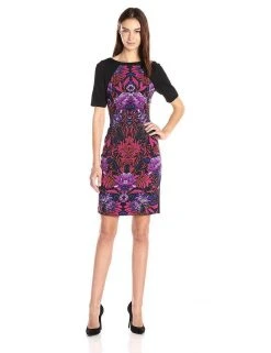 Adrianna Papell - Graphic Floral Color Block Sheath Dress AP1D100057 - 1 Pc Pink Multi In Size 6 Available Cocktail Dresses