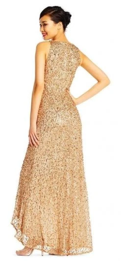 Formal Gowns Adrianna Papell - High Low Sequin Beaded Sleeveless Gown AP1E201754 - 1 Pc Champagne Gold In Size 16 Available