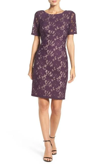 Adrianna Papell - Lace Bateau Sheath Dress AP1D100772 - 1 Pc Plum Wine In Size 8 Available 3 Adrianna Papell - Lace Bateau Sheath Dress AP1D100772 - 1 Pc Plum Wine In Size 8 Available