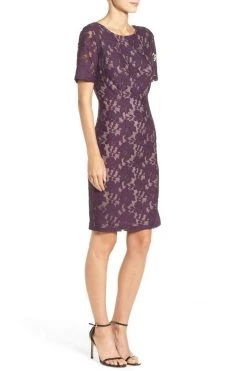 Adrianna Papell - Lace Bateau Sheath Dress AP1D100772 - 1 Pc Plum Wine In Size 8 Available 11 Adrianna Papell - Lace Bateau Sheath Dress AP1D100772 - 1 Pc Plum Wine In Size 8 Available