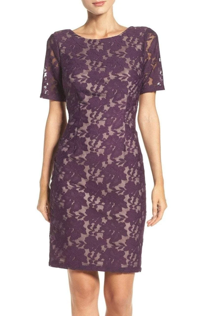 Adrianna Papell - Lace Bateau Sheath Dress AP1D100772 - 1 Pc Plum Wine In Size 8 Available 6 Adrianna Papell - Lace Bateau Sheath Dress AP1D100772 - 1 Pc Plum Wine In Size 8 Available