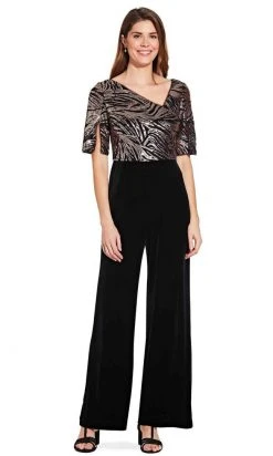 Formal Gowns Adrianna Papell - Sequined V Neck Jumpsuit AP1E206295 - 1 Pc Black Rosegold In Size 2 Available