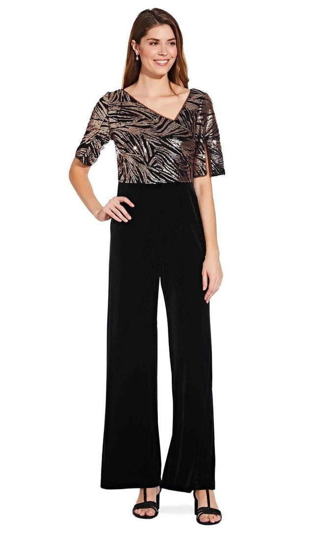 Formal Gowns Adrianna Papell - Sequined V Neck Jumpsuit AP1E206295 - 1 Pc Black Rosegold In Size 2 Available 5 Formal Gowns Adrianna Papell - Sequined V Neck Jumpsuit AP1E206295 - 1 Pc Black Rosegold In Size 2 Available