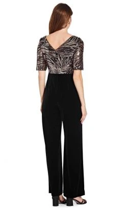 Formal Gowns Adrianna Papell - Sequined V Neck Jumpsuit AP1E206295 - 1 Pc Black Rosegold In Size 2 Available