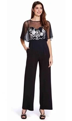 Adrianna Papell - Sheer Overlay Embroidered Jumpsuit AP1E205755 - 1 Pc Black Ivory In Size 20 Available