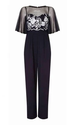 Adrianna Papell - Sheer Overlay Embroidered Jumpsuit AP1E205755 - 1 Pc Black Ivory In Size 20 Available