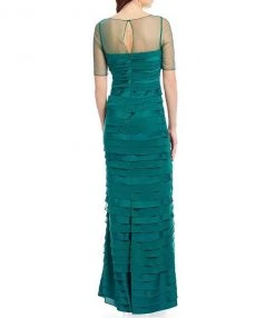 Formal Gowns Adrianna Papell Sheered Bateau Neck Short Sleeves Tiered Dress AP1E201931 - 1 Pc Evergreen In Size 4 Available