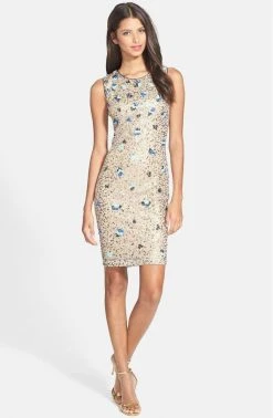 Adrianna Papell - Sleeveless Sequined Jewel Neck Dress 231M56940 Cocktail Dresses