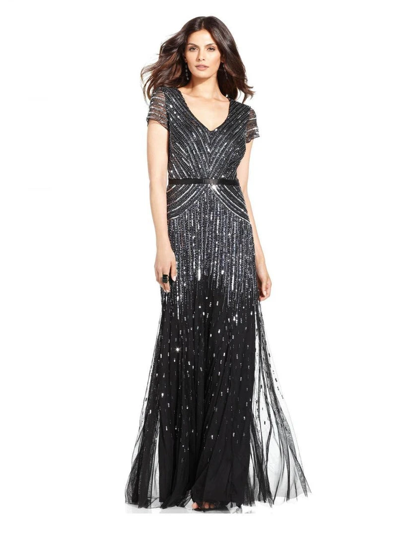 Adrianna Papell - V-Neckline Sequined Mesh Long Dress 62868950 Formal Gowns 3 Adrianna Papell - V-Neckline Sequined Mesh Long Dress 62868950 Formal Gowns