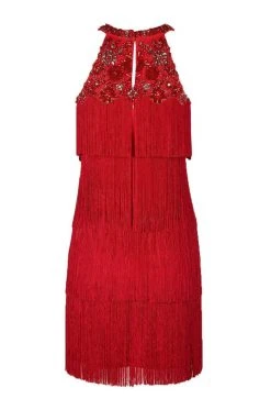 Aidan Mattox - MD1E202713 Embellished Halter Tiered Tassel Dress Cocktail Dresses 14 Aidan Mattox - MD1E202713 Embellished Halter Tiered Tassel Dress Cocktail Dresses