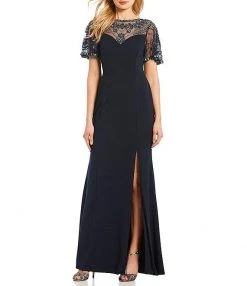 Aidan Mattox - MD1E203616 Beaded Neckline Slit Column Gown Formal Gowns