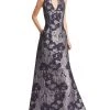 Aidan Mattox - Metallic Floral Print V-Neck Gown MD1E200784 - 1 Pc Twilight In Size 4 Available Formal Gowns