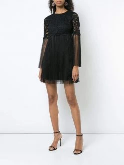 Aidan Mattox - MN1E202454 Floral Lace Long Sleeve Pleated A-line Dress Cocktail Dresses