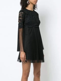 Aidan Mattox - MN1E202454 Floral Lace Long Sleeve Pleated A-line Dress Cocktail Dresses