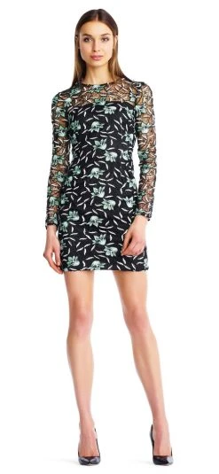 Aidan Mattox - MN1E202901 Embroidered Lace Long Sleeves Sheath Dress Cocktail Dresses