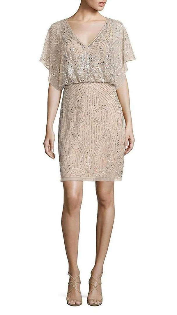 Aidan Mattox - Sequined V-Neck Blouson Short Dress MD1E200692 - 1 Pc Silver In Size 0 Available 3 Aidan Mattox - Sequined V-Neck Blouson Short Dress MD1E200692 - 1 Pc Silver In Size 0 Available