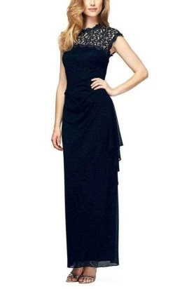 Alex Evenings - 112388 Scalloped Jewel Neck Cap Sleeve Long Dress - 1 Pc Navy In Size 12 Available Formal Gowns