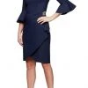 Alex Evenings - 134183 Quarter Bell Sleeve Faux Wrap Fitted Short Dress - 1 Pc Navy In Size 14 Available Cocktail Dresses