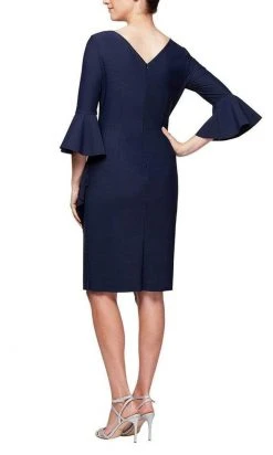 Alex Evenings - 134183 Quarter Bell Sleeve Faux Wrap Fitted Short Dress - 1 Pc Navy In Size 14 Available Cocktail Dresses