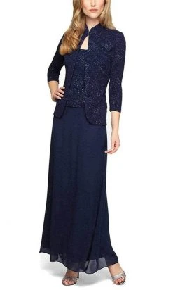 Formal Gowns Alex Evenings - Glitter Jacquard Evening Dress 125053 - 1 Pc Navy In Size 14 Available