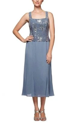 Cocktail Dresses Alex Evenings - Metallic Sequined Tea Length Set 1962675 - 1 Pc Steel Blue In Size 14 Available