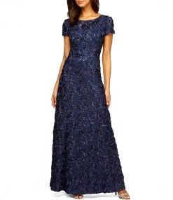 Alex Evenings - Rosette Lace Sequin Short Sleeve A-Line Gown 212788 - 1 Pc Navy In Size 12P Available Formal Gowns